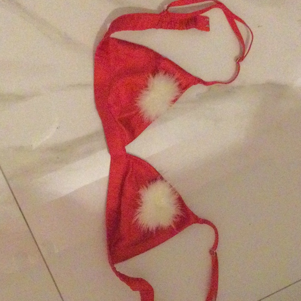 Red Triangle Bikini Top with White Fur Accents